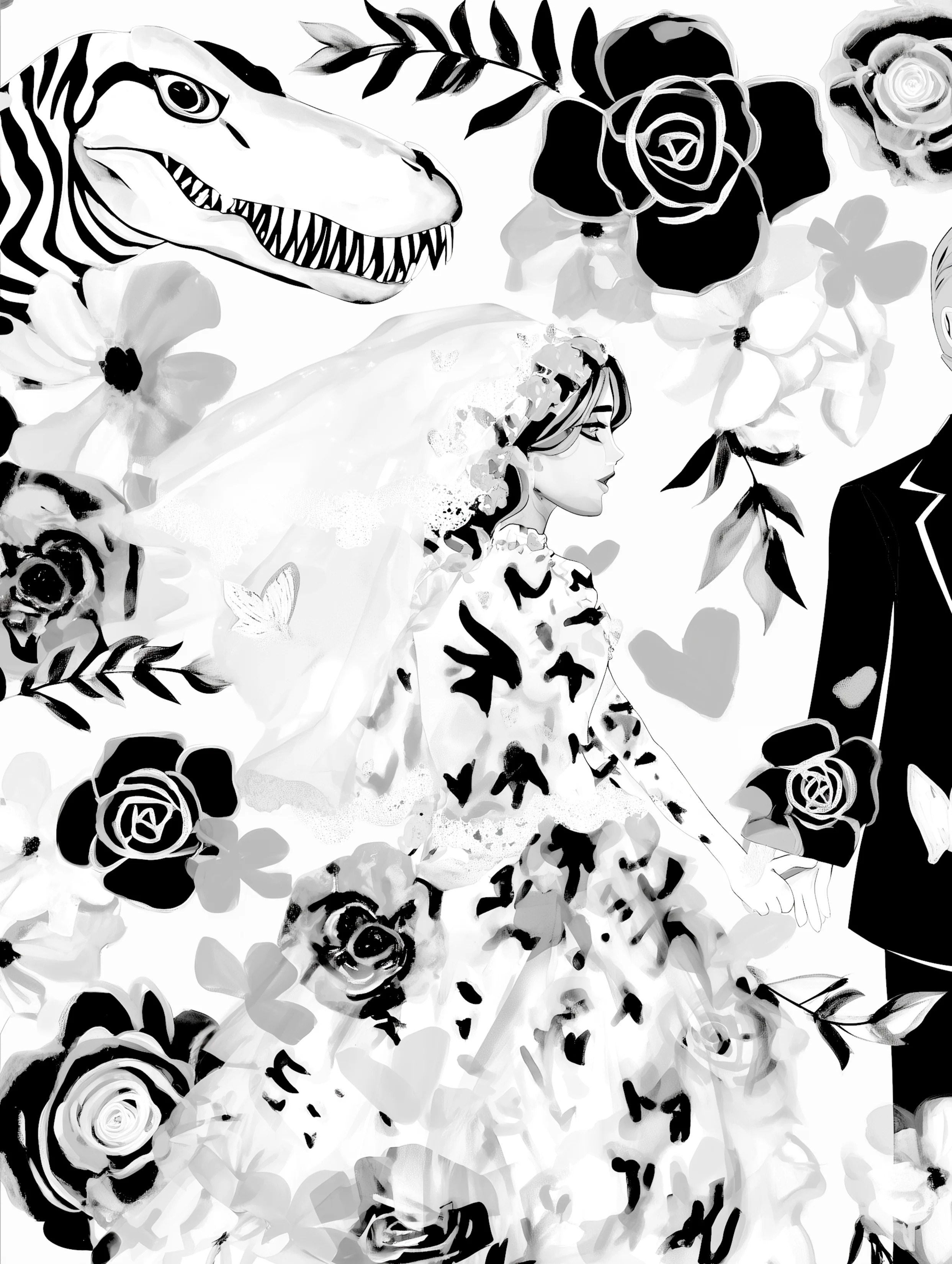 Free printable crocodile coloring pages for adults featuring crocodile sneaking up on a bride and groom